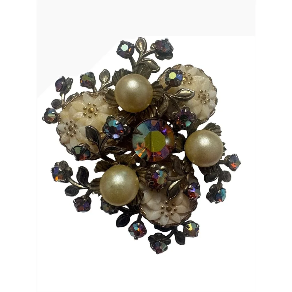 Vintage Aurora Borealis Rhinestone Faux Pearl Carved Flower Floral Brooch Pin - Picture 1 of 7